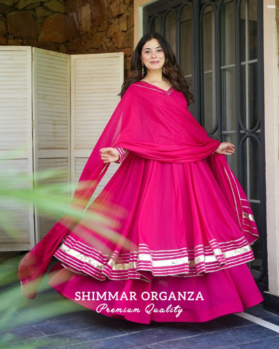 Soft & Premium Shimmer Organza Palazzo Set – Cherry Pink | Gotta Patti Work | Festive & Wedding Wear
