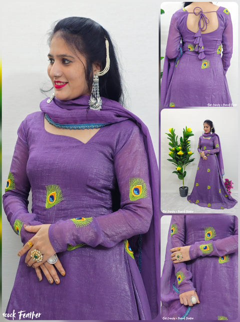 Fancy Neck Gown with Multi-Embroidered Peacock Feather Design | Soft Crunchy Fabric | Festive & Party Wear (1203)