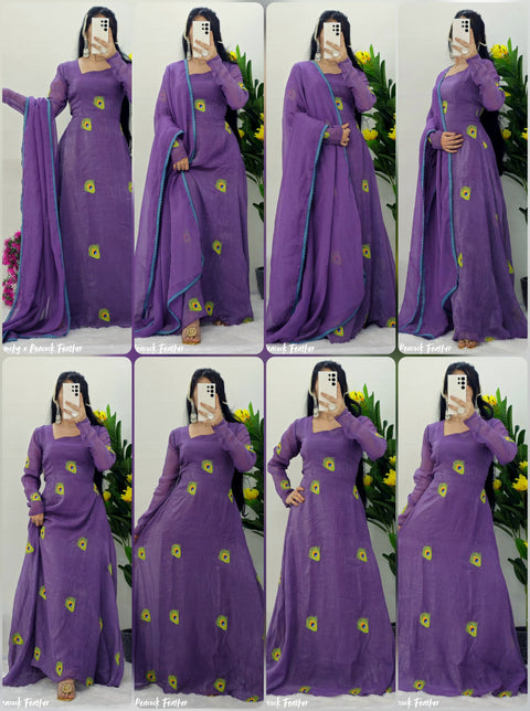 Fancy Neck Gown with Multi-Embroidered Peacock Feather Design | Soft Crunchy Fabric | Festive & Party Wear (1203)