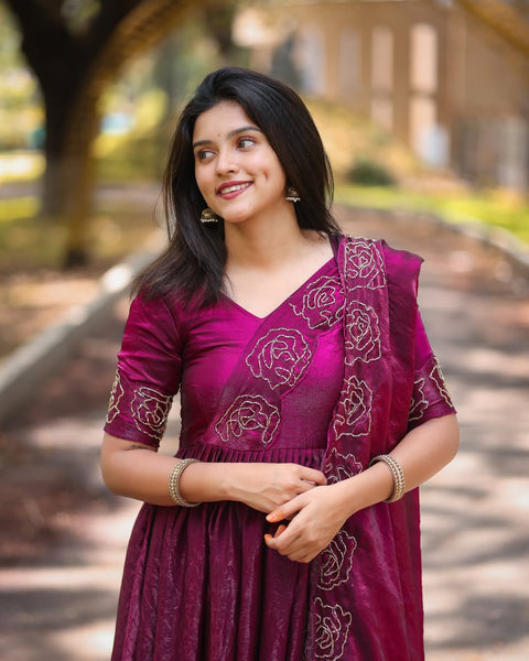 Timeless Glassy Silk Anarkali with Floral Khatli Handwork | 4 Meter Flair | Festive Ethnic Wear