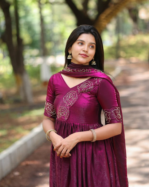 Timeless Glassy Silk Anarkali with Floral Khatli Handwork | 4 Meter Flair | Festive Ethnic Wear