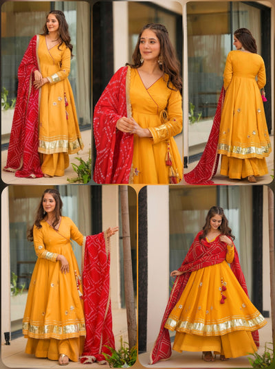 Purely Handmade Anarkali Plazzo Set With Bandhani Dupatta — A Royal Festive Look 💃👑 (YELLOW)