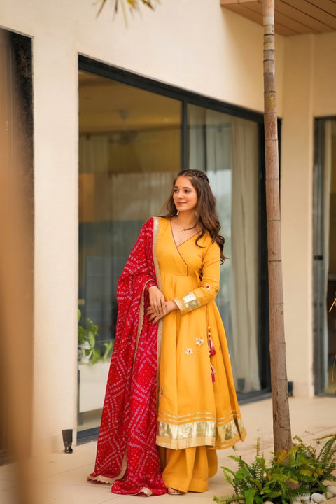 Purely Handmade Anarkali Plazzo Set With Bandhani Dupatta — A Royal Festive Look 💃👑 (YELLOW)