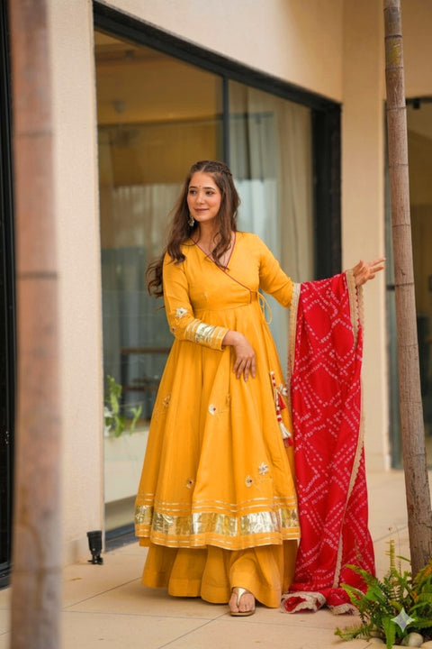 Purely Handmade Anarkali Plazzo Set With Bandhani Dupatta — A Royal Festive Look 💃👑 (YELLOW)