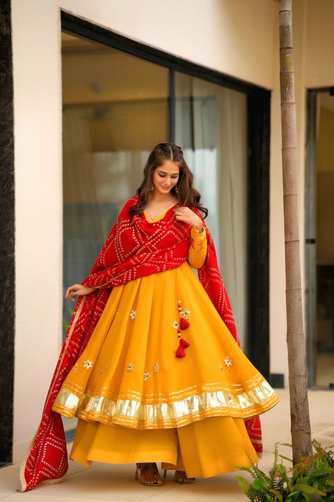 Purely Handmade Anarkali Plazzo Set With Bandhani Dupatta — A Royal Festive Look 💃👑 (YELLOW)