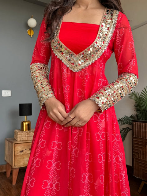 Baggy Style Georgette Anarkali Kurti Set With Pants (RED)