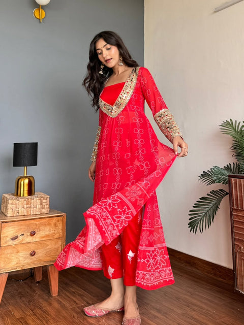 Baggy Style Georgette Anarkali Kurti Set With Pants (RED)