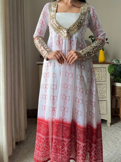 Baggy Style Georgette Anarkali Kurti Set With Pants (WHITE)