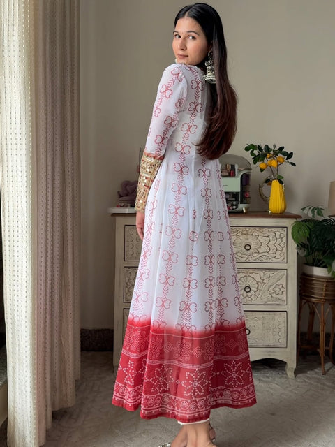 Baggy Style Georgette Anarkali Kurti Set With Pants (WHITE)