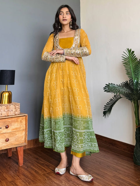 Baggy Style Georgette Anarkali Kurti Set With Pants (YELLOW)
