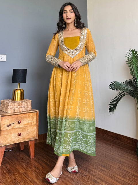 Baggy Style Georgette Anarkali Kurti Set With Pants (YELLOW)
