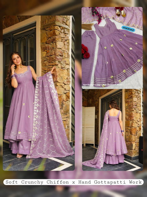 Soft Crunchy Chiffon Anarkali Palazzo Set With Heavy Gottapatti Work