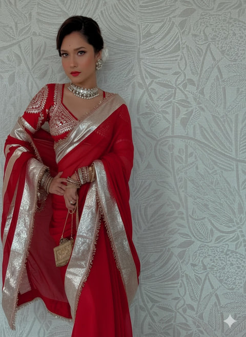 Ankita Lokhande Wear Soft Georgette Saree With Original Hand Charkhi Gotta Patti Work (RED)