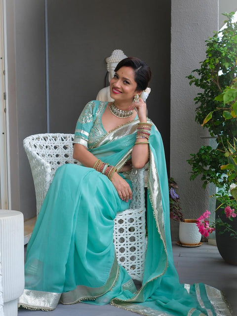 Ankita Lokhande Wear Soft Georgette Saree With Original Hand Charkhi Gotta Patti Work (1212-SKY)