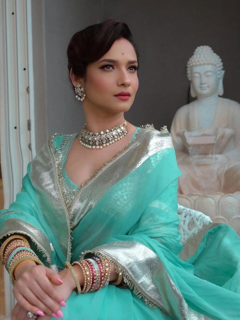 Ankita Lokhande Wear Soft Georgette Saree With Original Hand Charkhi Gotta Patti Work (1212-SKY)