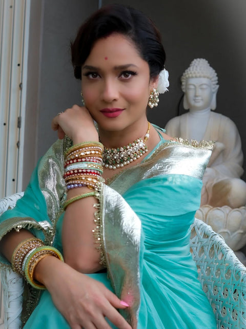 Ankita Lokhande Wear Soft Georgette Saree With Original Hand Charkhi Gotta Patti Work (1212-SKY)