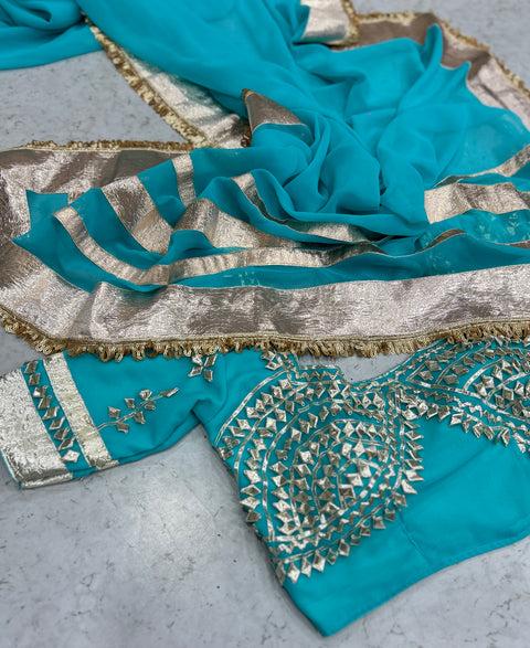 Ankita Lokhande Wear Soft Georgette Saree With Original Hand Charkhi Gotta Patti Work (1212-SKY)