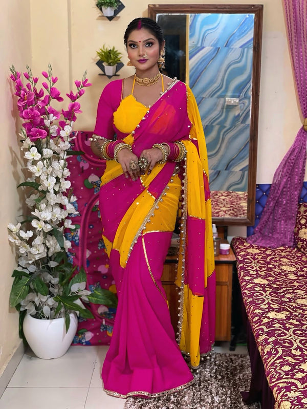 Original Hand Made Designer Saree for Women – Mirror & Gotta Work Party Wear (RANI)