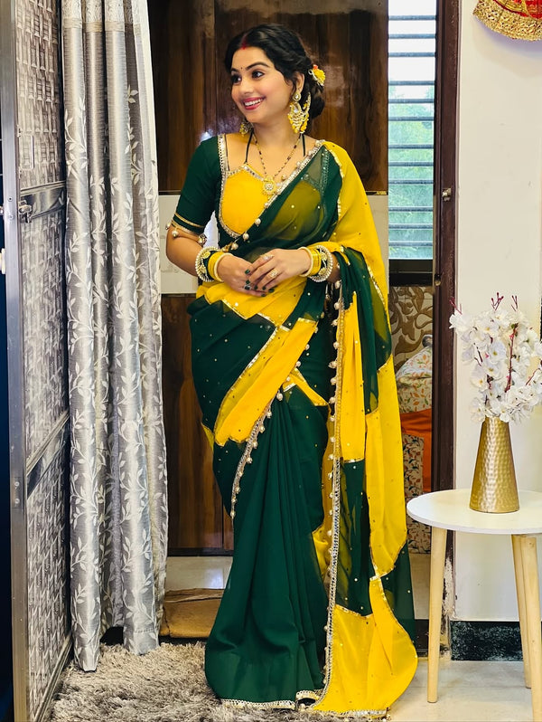 Original Hand Made Designer Saree for Women – Mirror & Gotta Work Party Wear (GREEN)