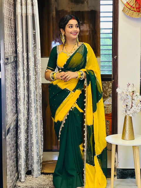 Original Hand Made Designer Saree for Women – Mirror & Gotta Work Party Wear (1213-GREEN)