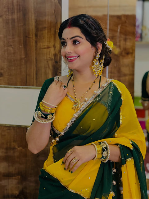 Original Hand Made Designer Saree for Women – Mirror & Gotta Work Party Wear (1213-GREEN)