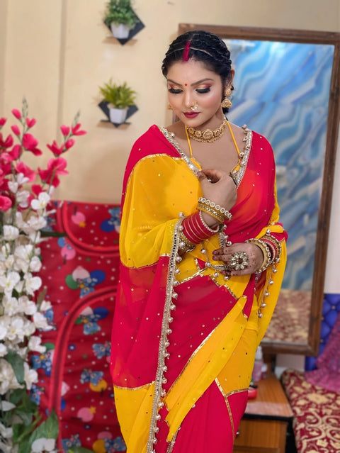 Original Hand Made Designer Saree for Women – Mirror & Gotta Work Party Wear (1213-RED)