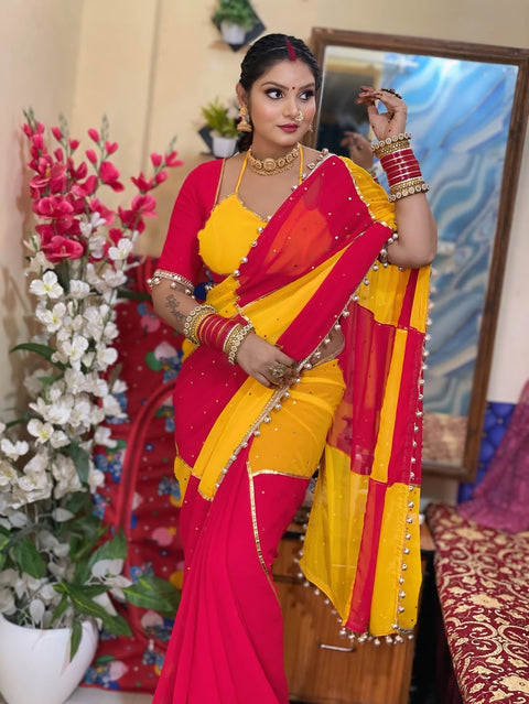 Original Hand Made Designer Saree for Women – Mirror & Gotta Work Party Wear (1213-RED)