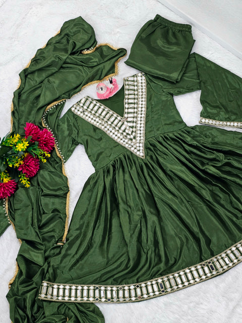 AliyaCut Kediya Style Mirror Work Palazzo Set | Chinon Fabric | Festive & Wedding Wear Suit Set (1215-MHENDI)