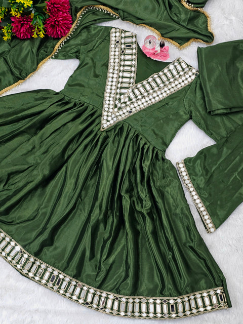 AliyaCut Kediya Style Mirror Work Palazzo Set | Chinon Fabric | Festive & Wedding Wear Suit Set (1215-MHENDI)