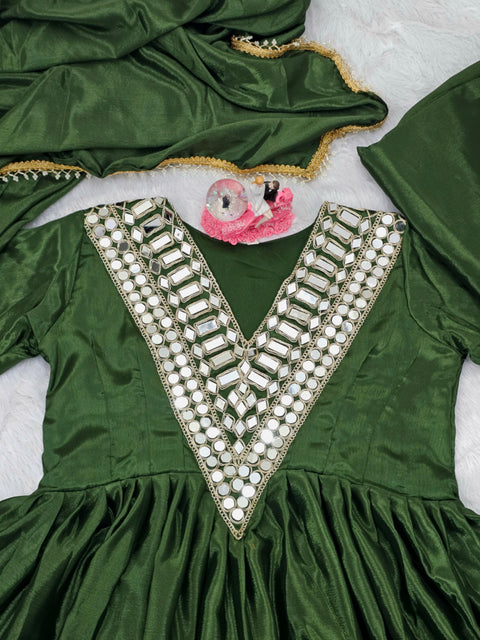 AliyaCut Kediya Style Mirror Work Palazzo Set | Chinon Fabric | Festive & Wedding Wear Suit Set (1215-MHENDI)