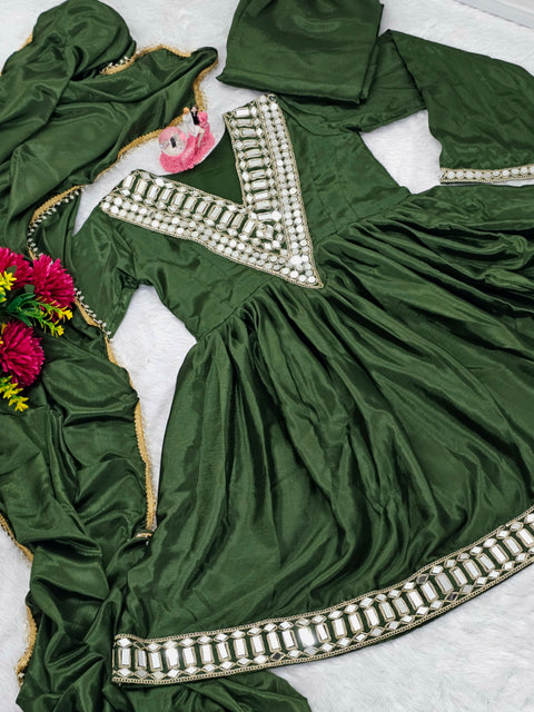 AliyaCut Kediya Style Mirror Work Palazzo Set | Chinon Fabric | Festive & Wedding Wear Suit Set (1215-MHENDI)