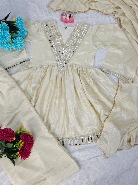 AliyaCut Kediya Style Mirror Work Palazzo Set | Chinon Fabric | Festive & Wedding Wear Suit Set (1215-RABDI)