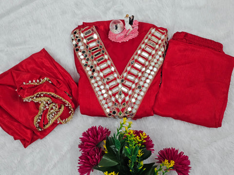 AliyaCut Kediya Style Mirror Work Palazzo Set | Chinon Fabric | Festive & Wedding Wear Suit Set (1215-RED)