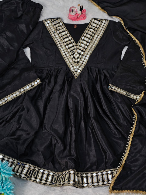 AliyaCut Kediya Style Mirror Work Palazzo Set | Chinon Fabric | Festive & Wedding Wear Suit Set (1215-BLACK)