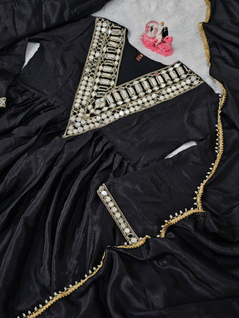 AliyaCut Kediya Style Mirror Work Palazzo Set | Chinon Fabric | Festive & Wedding Wear Suit Set (1215-BLACK)