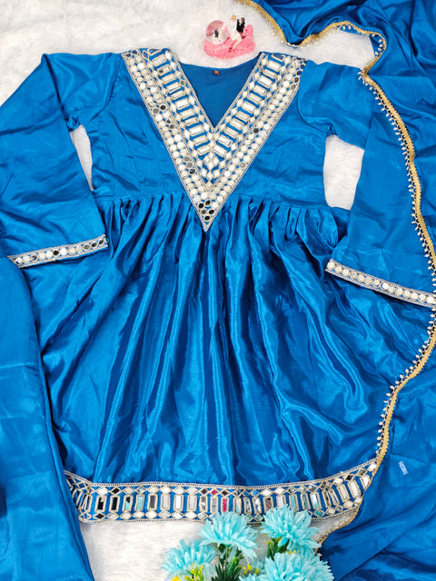 AliyaCut Kediya Style Mirror Work Palazzo Set | Chinon Fabric | Festive & Wedding Wear Suit Set (1215-MORE PEACH)