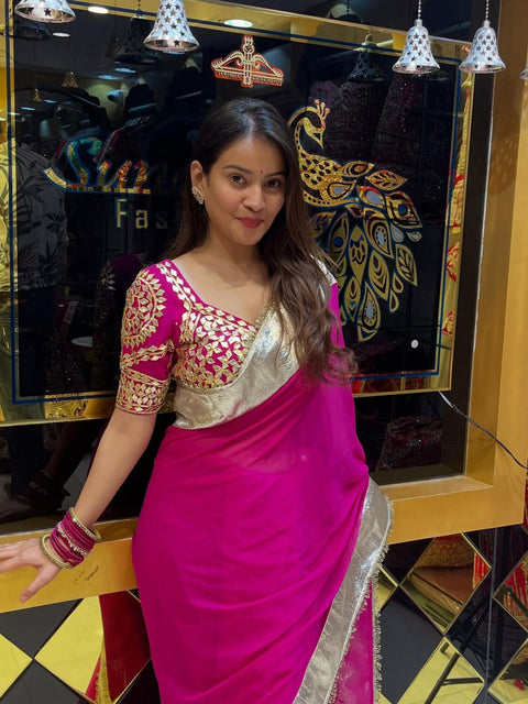 Original Hand Charkhi Gotta Patti Work Aangi Blouse Saree With Heavy Sequence Border (1219)