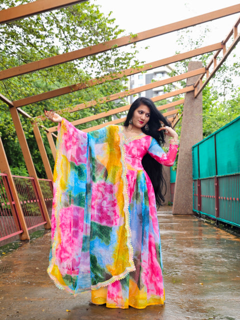 Rainbow Lace Touch-Up Anarkali with Diamond Work | Pure Rinkal Chiffon | Festive & Wedding Wear (1204)