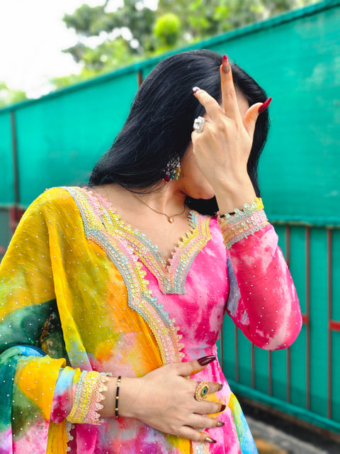 Rainbow Lace Touch-Up Anarkali with Diamond Work | Pure Rinkal Chiffon | Festive & Wedding Wear (1204)