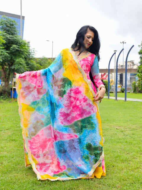 Rainbow Lace Touch-Up Anarkali with Diamond Work | Pure Rinkal Chiffon | Festive & Wedding Wear (1204)