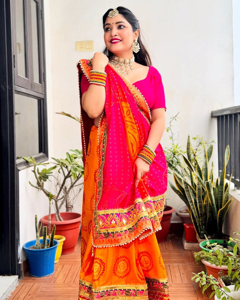 Wedding Season Special Bandhej Print Chiffon Saree with Gotta Patti Border