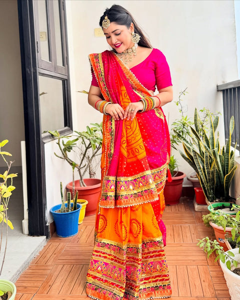 Wedding Season Special Bandhej Print Chiffon Saree with Gotta Patti Border