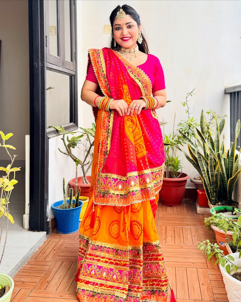 Wedding Season Special Bandhej Print Chiffon Saree with Gotta Patti Border