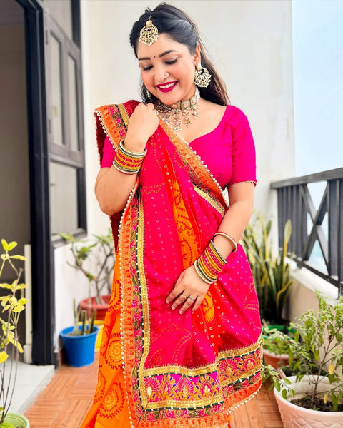 Wedding Season Special Bandhej Print Chiffon Saree with Gotta Patti Border