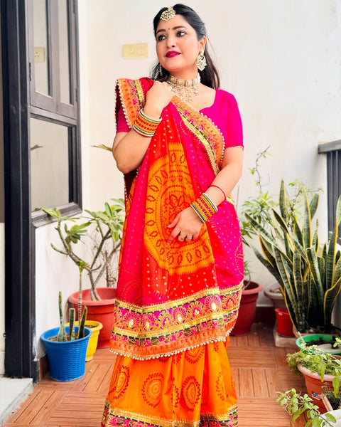 Wedding Season Special Bandhej Print Chiffon Saree with Gotta Patti Border