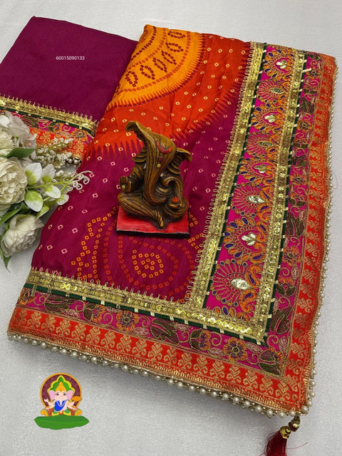 Wedding Season Special Bandhej Print Chiffon Saree with Gotta Patti Border