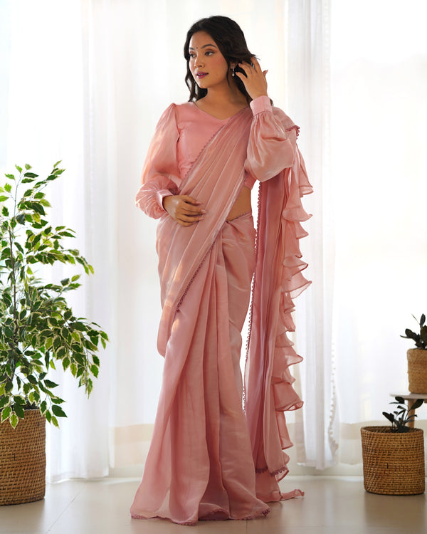 ✨ Ready-to-Wear Jimmy Choo Organza Saree – Perfect for Festivities & Weddings! 💃 (Peach Color)
