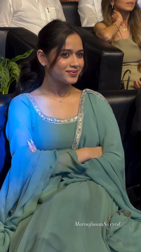 Jannat Jubair Inspired Cham Cham Sequence Anarkali Set | Soft Faux Georgette | Gold & Silver Lace Work