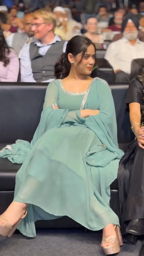 Jannat Jubair Inspired Cham Cham Sequence Anarkali Set | Soft Faux Georgette | Gold & Silver Lace Work