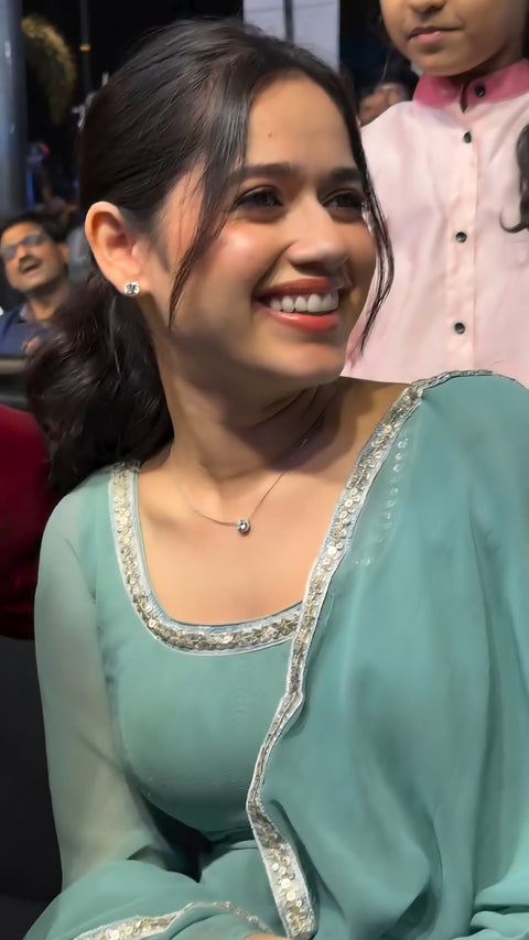 Jannat Jubair Inspired Cham Cham Sequence Anarkali Set | Soft Faux Georgette | Gold & Silver Lace Work